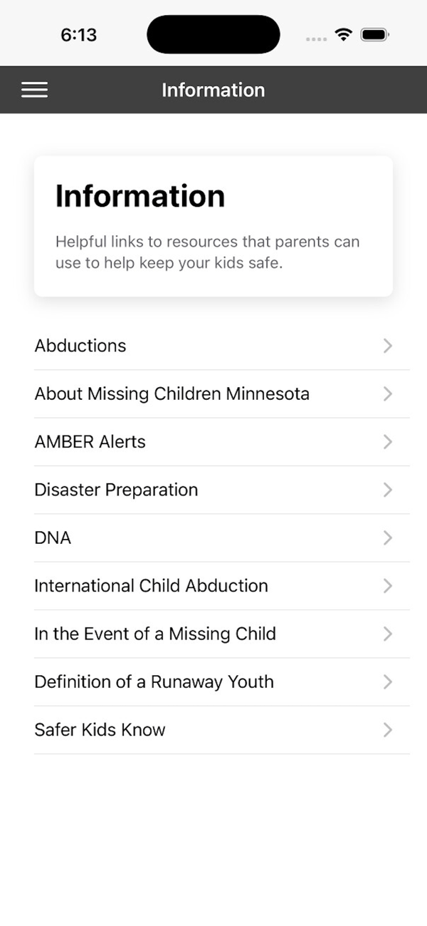 The app's Information screen, listing safety topics including abductions, AMBER Alerts, DNA, international child abduction, and what to do in the event of a missing child.