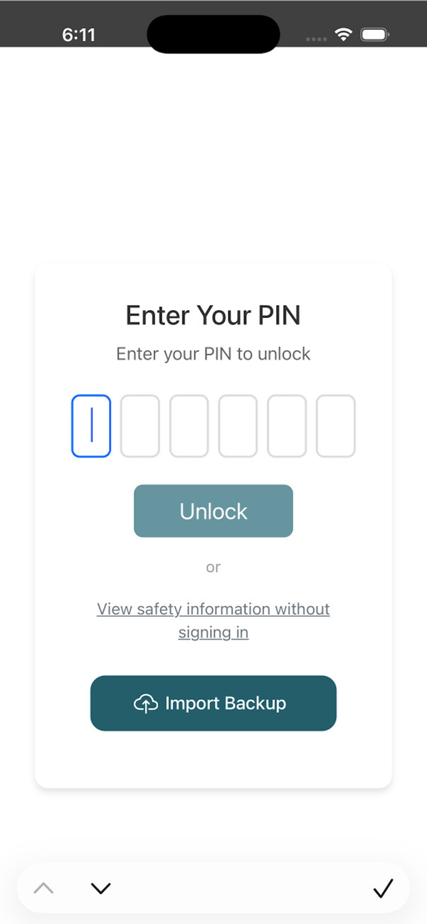 The Kids Id Kit lock screen, asking for a six-digit PIN, with a link to view safety information without signing in.